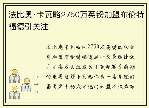 法比奥·卡瓦略2750万英镑加盟布伦特福德引关注